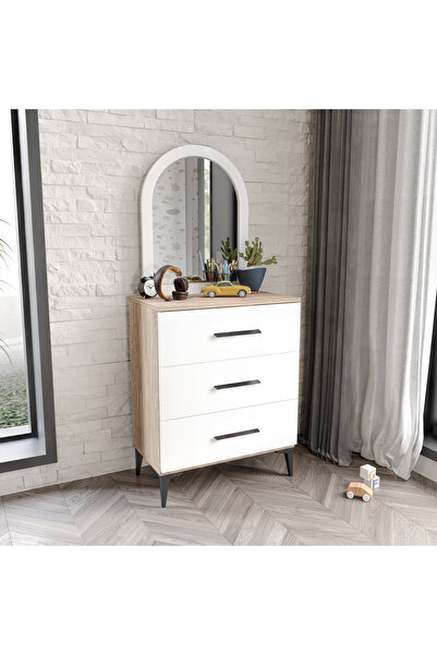 Afilli 3 Çekmeceli Şifonyer Aynalı Tamamı Mdf  Flora Beyaz