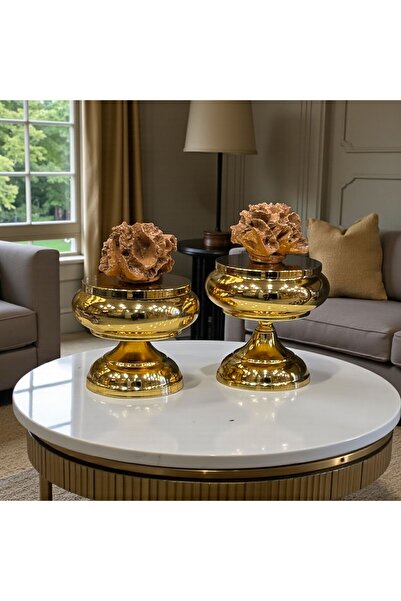 ArzzHome Dekoratif 2 Li Mercan Ayaklı Kutu Gold & Tarçın