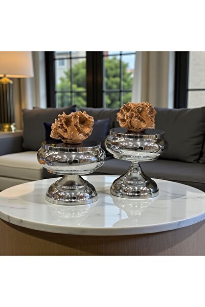 ArzzHome Dekoratif 2'li Mercan Ayaklı Kutu & Obje Gümüş / Tarçın