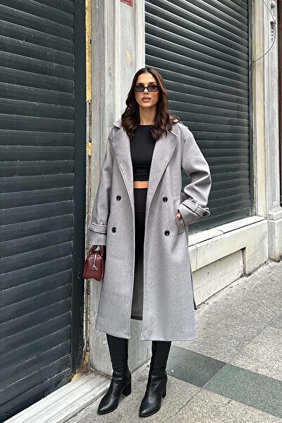 My Loore معطف نسائي رمادي قصة فضفاضة مزين بحزام فاخر |   مقاس كبير وجيوب واسع...