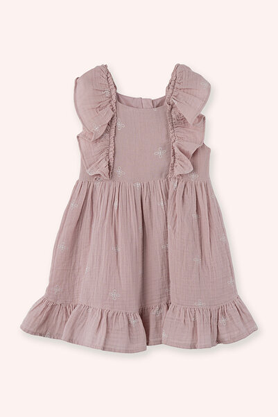 Panço Kız Çocuk Fırfır Detaylı Müslin Pembe Elbise