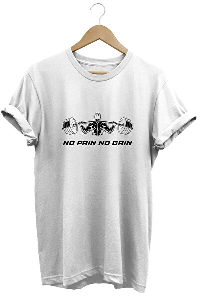 onsrawear Tricou alb de bază, 100% bumbac, cu imprimeu No Pain No Gain Fitnes...