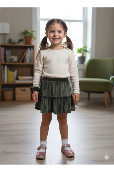 Şimo Butik Girl's French Velvet Flounce Skirt Short Mini Ruffled Elastic Waist Khaki Green