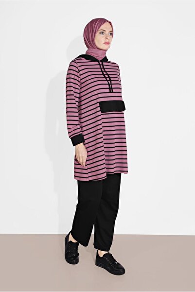 TRENDTESETTÜR KADIN PEMBE (G.KURUSU) ÇİZGİLİ KAPÜŞONLU EŞOFMAN TAKIM 2426
