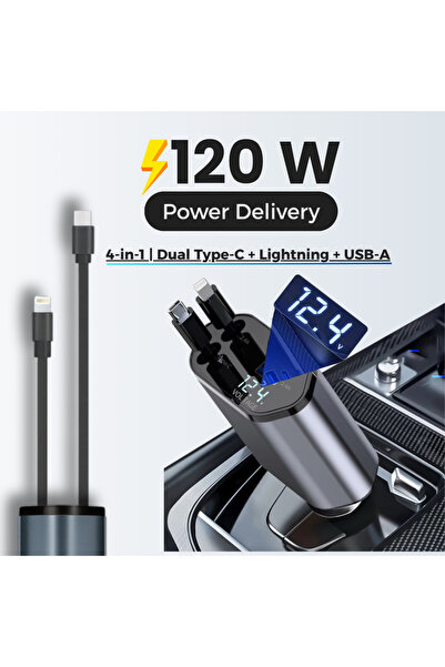 OEM Incarcator Auto Fast Charging 4 in 1, 120W Power Delivery, Cablu Retracta...
