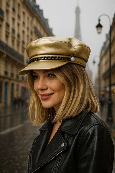 MARBERRY Pălărie de damă aurie cu lanț din piele artificială