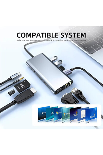 GEAKISO Stație de andocare 10 în 1 Tip-C, HDMI 4K, VGA 1080P, 3 x USB 3.0, RJ45 Gigabit Ethernet, alimentare cu energie