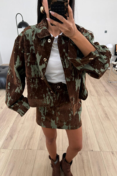 SHILSEE BEUTİQUE Women's Suede Textured Patterned Skirt and Jacket Gabardine Suit Brown Mint