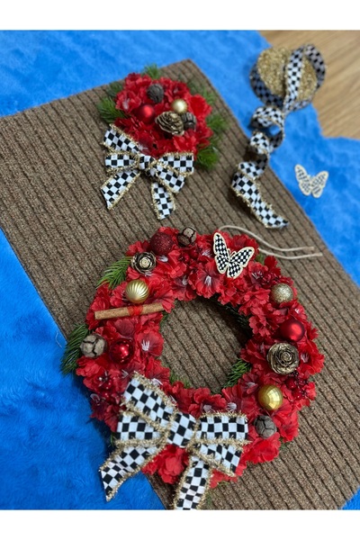 Marrone Kırmızı Yılbaşı Noel Kapı Süsü Paspas Takımı İkili Özel Set