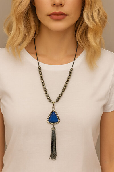 COCOSH TAKI Gümüş ve füme boncuklu mavi taşlı püskül detaylı bohem uzun tasar...