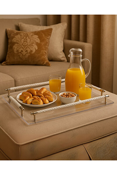 ALQANNAS High Quality Thick Acrylic Serving Tray with White Striped Handle | Medium Size