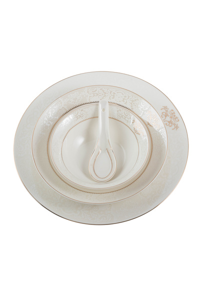 Dania 70-piece porcelain dinner set, white with gold lines, for 6 people