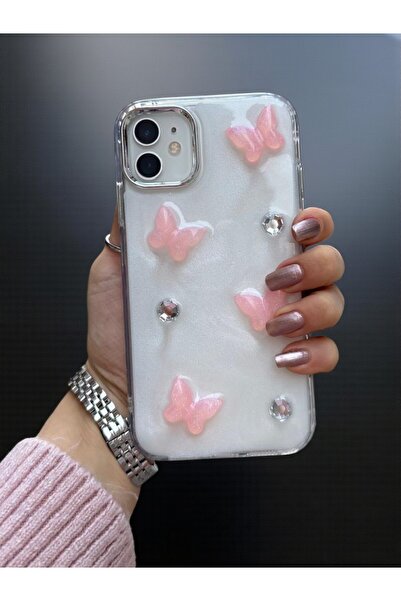 KVK PRİVACY İphone 12/12pro Uyumlu Pembe Kelebek Desenli Şeffaf Kılıf Simli D...