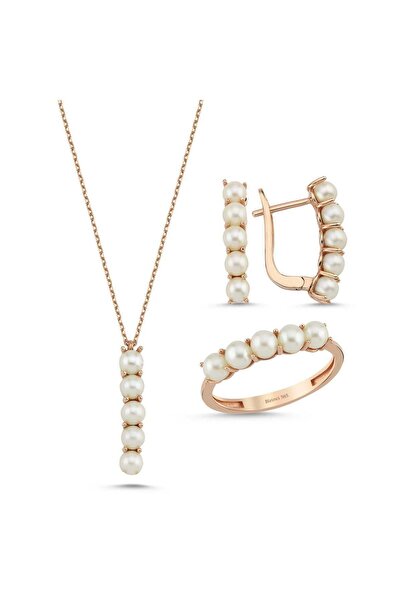 Birinci 14 Ayar Altın Beş Doğal İncili Küpe Kolye Yüzük Üçlü Set