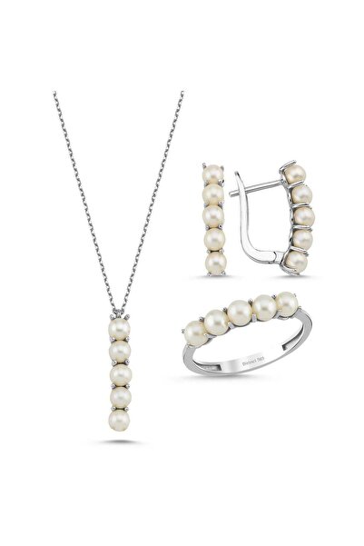 Birinci 14 Ayar Altın Beş Doğal İncili Küpe Kolye Yüzük Üçlü Set