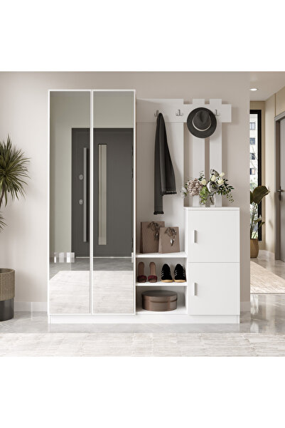 Yurupa Jade Aynalı Vestiyer Portmanto Ayakkabılık Raflı 4 kapaklı Beyaz JAD8-W
