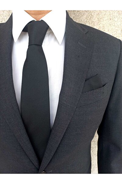 Kravatistan Set of 7 cm Wide Black Tie Handkerchief