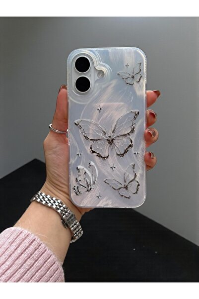 KVK PRİVACY Apple iPhone 16 Uyumlu Tüylü Kelebek Hologramlı Kılıf Darbeye Kar...