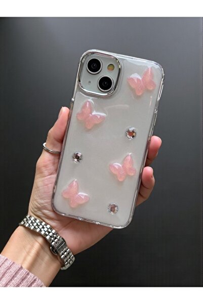KVK PRİVACY Apple iPhone 13-14 Uyumlu Pembe Kelebek Desenli Şeffaf Kılıf Siml...