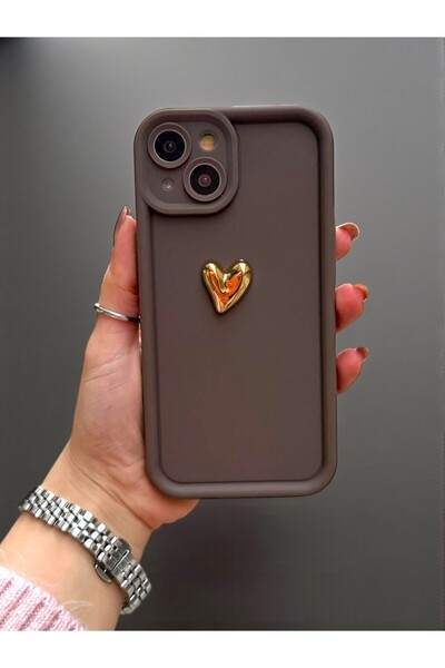 KVK PRİVACY Iphone 15 Uyumlu Kılıf 3D Gold Kalp Darbelere Dayanıklı Yumuşak Kamera Korumalı Kapak Kahve