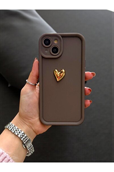 KVK PRİVACY Iphone 13-14 Uyumlu Kılıf 3D Gold Kalp Darbelere Dayanıklı Yumuşak Kamera Korumalı Kapak Kahve