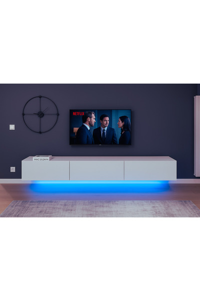 MAC DİZAYN Knidos TV Ünitesi 240 cm – 3 Kapaklı, Mat Beyaz, LED Aydınlatmalı