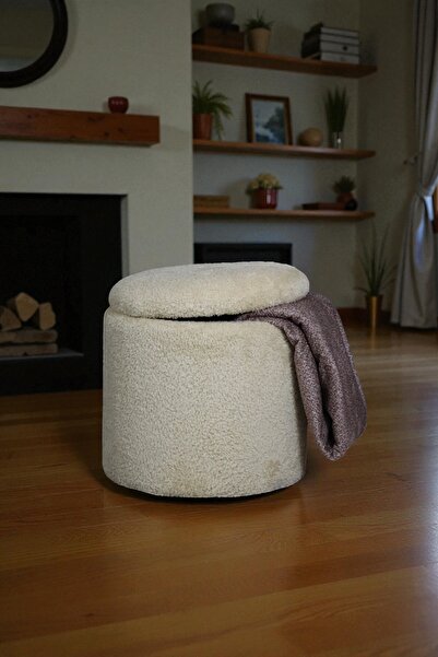 WoodyMaison Puf Teddy Kuzu Tüy Kumaş Sandıklı Silindir Çok Amaçlı Puf Koltuk Bench Tabure Sehpa