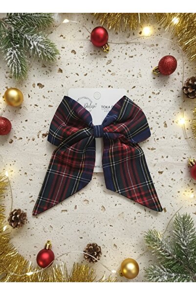 Toka Delisi Ručně vyráběná červená modrá kostkovaná přezka s mašlí, červená novoroční přezka, valentýnská dámská přezka