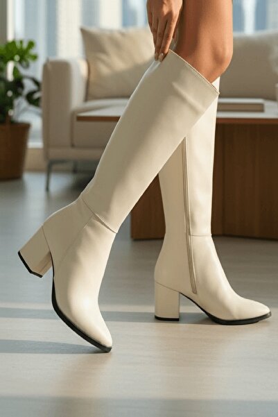 DİVOLYA Karmen Bej Deri (6cm) Topuklu Yanı Fermuarlı Günlük Kullanım Çizme