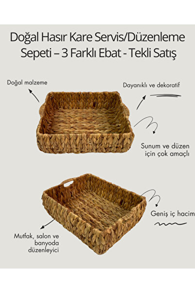 CasaLinda Doğal Hasır Kare Servis/Düzenleme Sepeti – 3 Farklı Ebat-TEKLİ SATIŞ