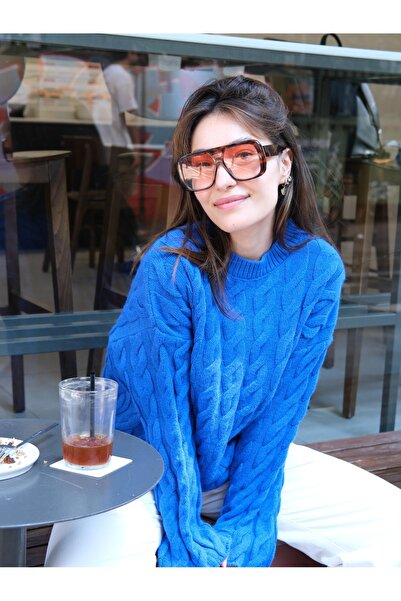 Butik Una Fiaba - Pulover pentru femei, albastru cobalt, supradimensionat, cu textură moale, împletit cu guler rotund.