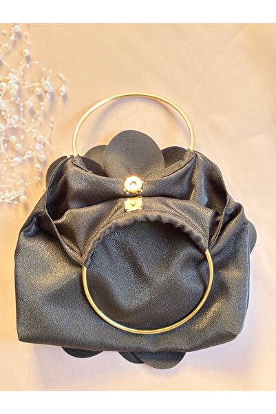 GUSTELLO Black Fabric Gold Metal Handle Rose Flower Bag Hand Shoulder Bag Evening Dress Daily Stylish Women's Bag