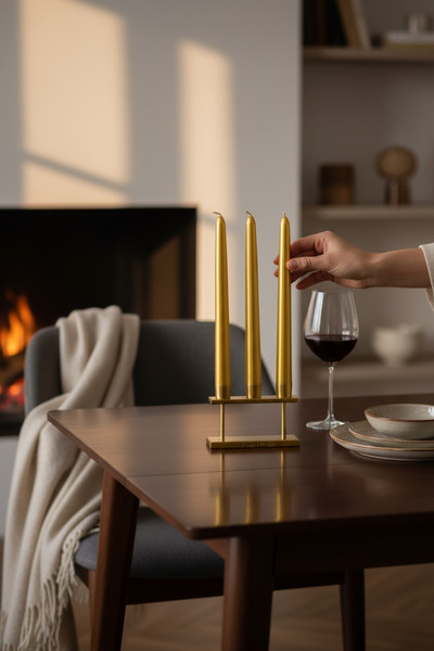 a&p Metalik renk Sedefli Gold dekoratif Şamdan mum 3 adet (25x2.2cm)