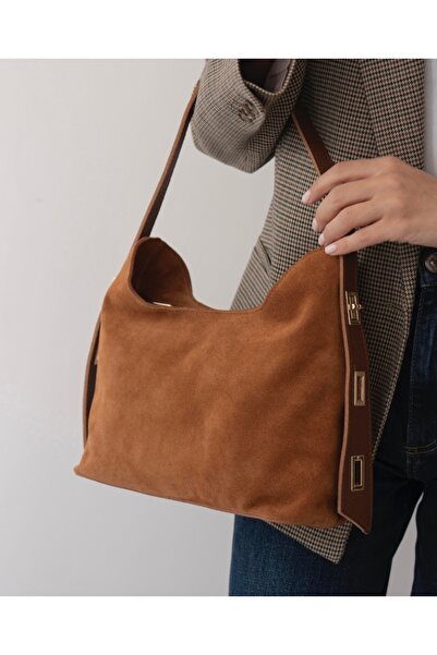 Miales Taba, %100 Hakiki Süet Deri Fermuar Kapama ve İç cep Detaylı Kadın Omu...