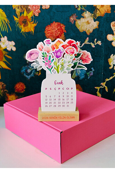 eylülün etiket fabrikası 2026 Çiçekli Masa Takvimi - Özel Tasarım Ahşap Ayaklı Vazodaki Çiçekler Temalı Hediyelik Takvim