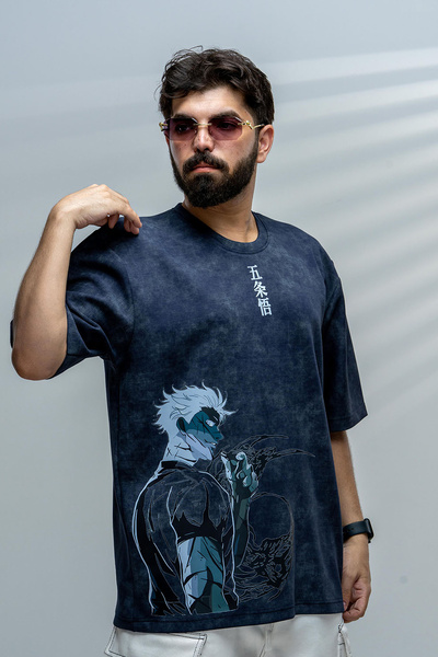 saneafn Navy T-shirt with Gojo Satoru character design