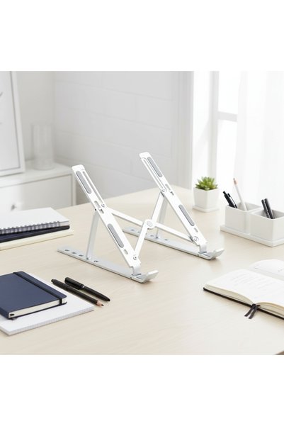 ISO TRADE Suport ergonomic din aluminiu pentru laptop ajustabil pe 6 nivele, antiderapant, capacitate 20 kg