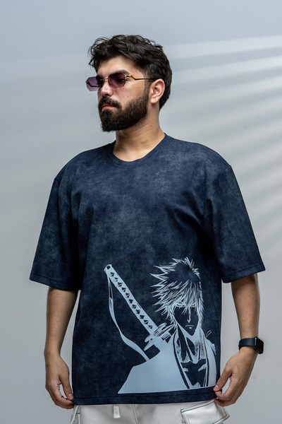 saneafn Navy blue T-shirt with Ichigo Kurosaki character design
