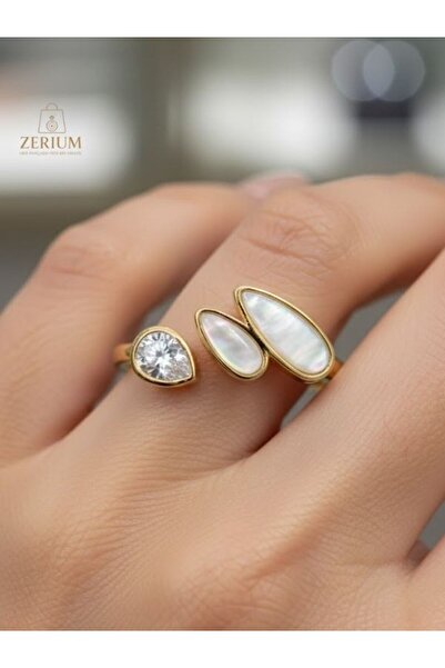 ZERİUM خاتم ذهبي بسيط وأنيق على شكل قطرة مرصع بالأحجار قابل للتعديل