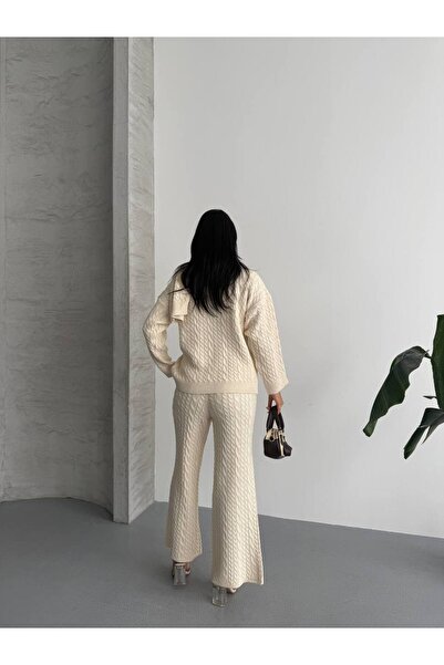 Lovely butik Women's High Waist Wide Leg Knitting Set (Sweater, Pants, Scarf/Shawl)