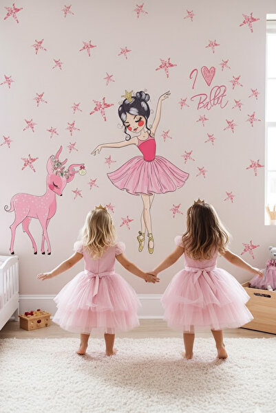 KT Decor Pink Ballerina and 70 Pieces Star Wall Sticker Set for Girl's Room