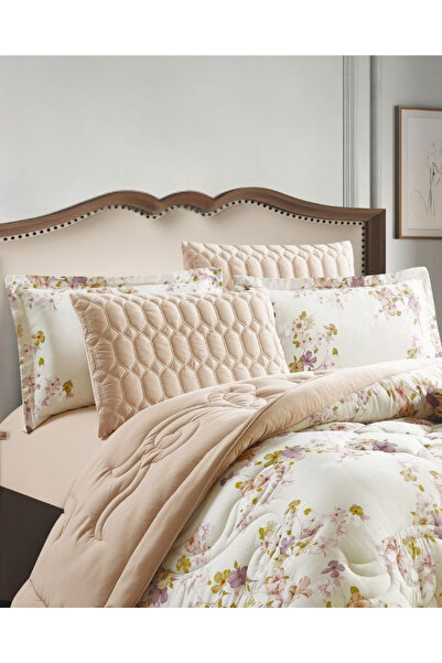 Generic طقم لحاف سرير مزهر من 7 قطع - لحاف مبطن 240 × 260 سم مع غطائي وسادة وغطائي وسادة، مقاس 240 × 260 سم