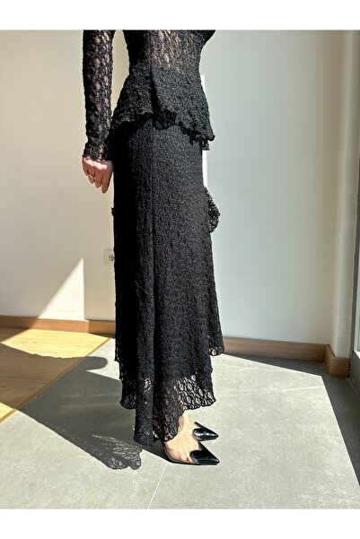 MAMAYAGA Fusta cu design midi, cu talie înaltă, cu dantelă elastică, cu dantelă, cu tăietură asimetrică