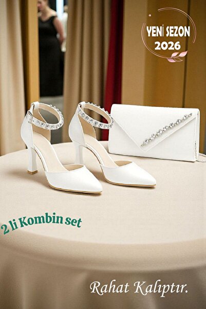 ELENAS High Heels White Skin Ankle with Stones, Evening Dress Shoes and Evening Dress Bag Set with Stones