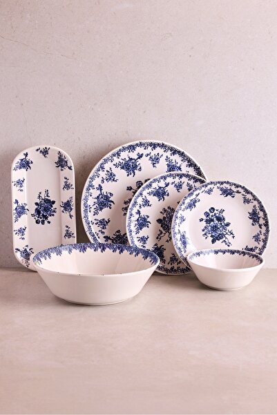 Perotti Antik Mavi 27 Parça 6 Kişilik Seramik Yemek Takımı Vintage Mavi Çiçekli Yuvarlak Servis Seti