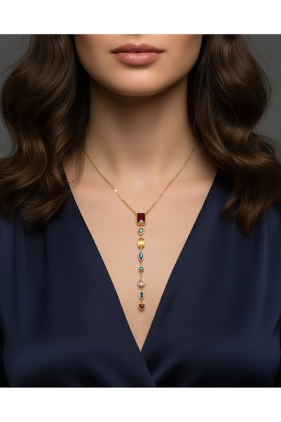 BANEDETTA New Season Zircon Stone Trend Multi-Colored Geometric Cut Y Necklace Steel