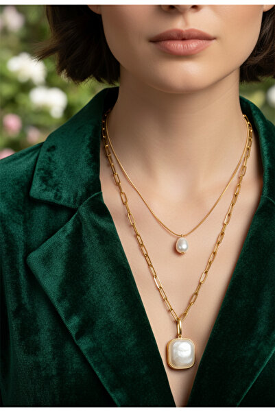 BANEDETTA قلادة من الفولاذ على شكل سلسلة ذهبية اللون من حجر اللؤلؤ الباروكي ل...