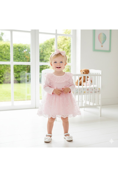 Miniday Baby Kız Bebek Mevlütlük Elbise Dantelli Bandanalı