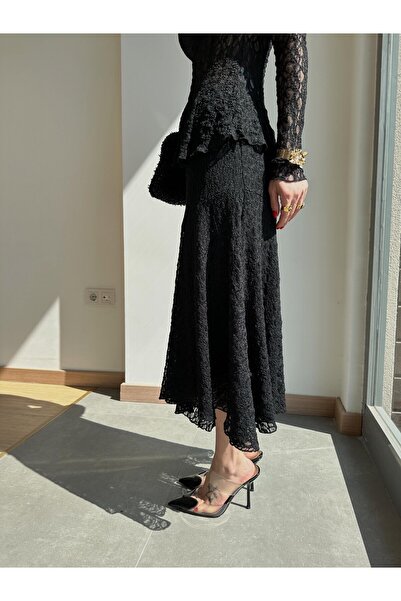 MAMAYAGA Fusta cu design midi, cu talie înaltă, cu dantelă elastică, cu dantelă, cu tăietură asimetrică