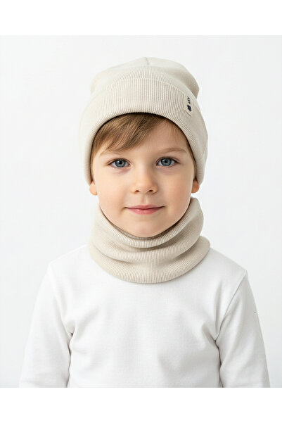 anna sofie Unisex Ecru (1-5 Years) Ribbed 100% Cotton Beanie Neck Collar Set